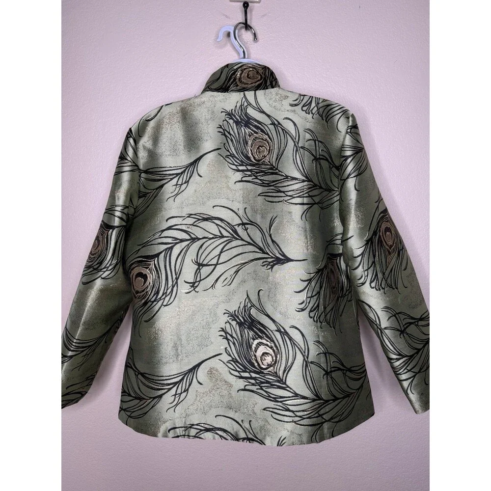 Grace Chuang New York Feather Print Open Jacket Sz S Multicolor Reversible Green - Picture 7 of 16